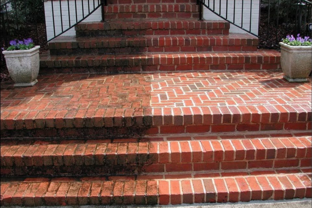 Brick Pressure Washing - Remington Services Pressure washed brick steps showing before and after cleaning